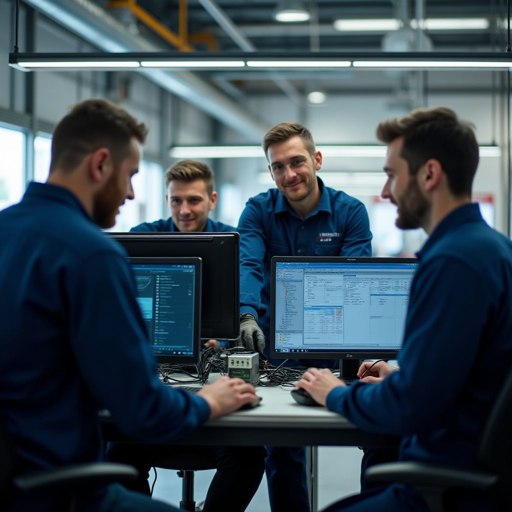 Técnicos trabajando con equipos de diagnóstico avanzado